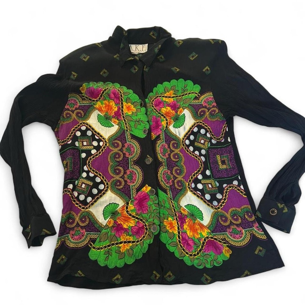 Vintage AKF New York Baroque Blouse Medium Black Purple Green Rayon